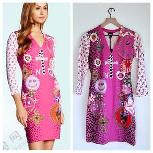 NEW Just Cavalli Jewel and Stars 3/4 Sleeve VNeck Mini Dress in Hot Pink  42 US6